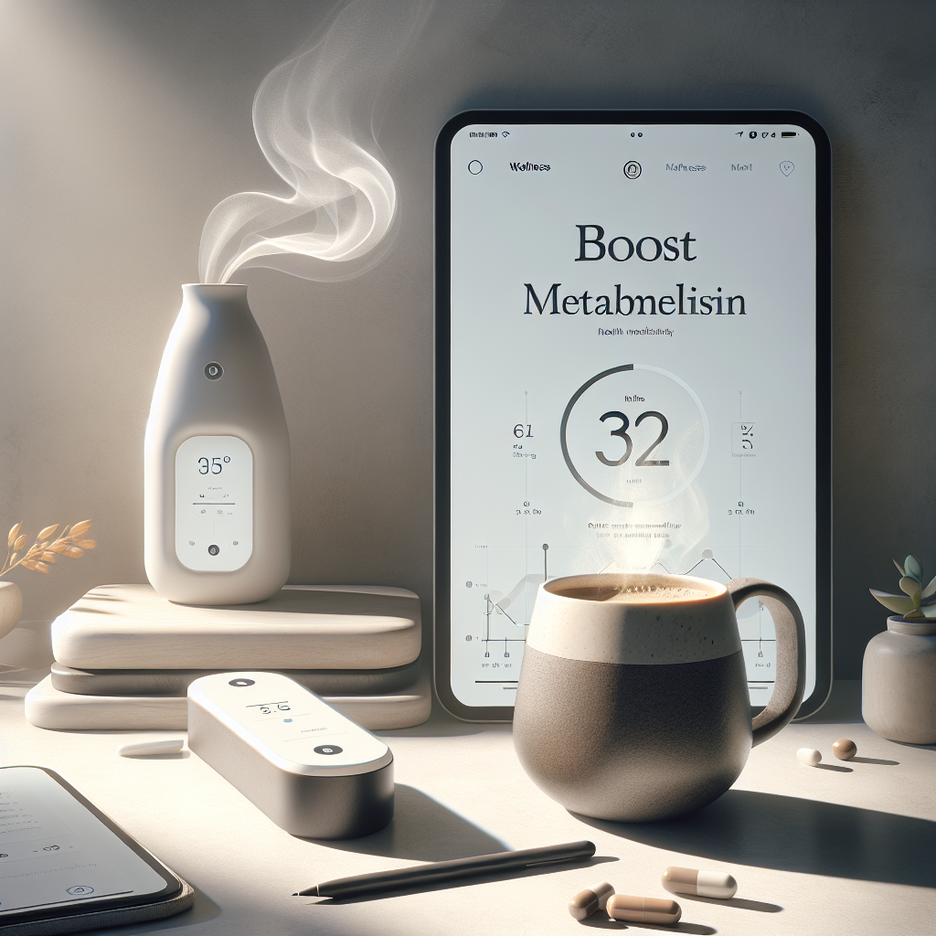 Scientific illustration showing caffeine molecules interacting with metabolic pathways in the body.
