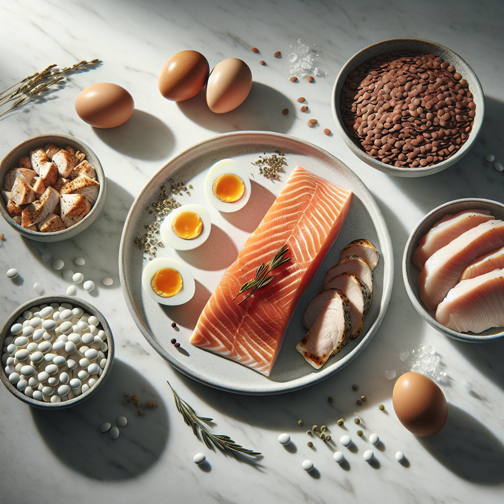 High protein foods like chicken, fish, eggs, and legumes